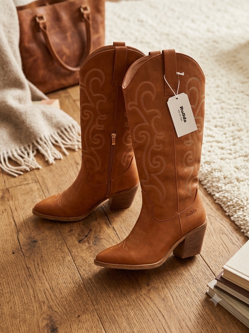 Rollda Tan Western-Style Mid-Calf Heeled Boots